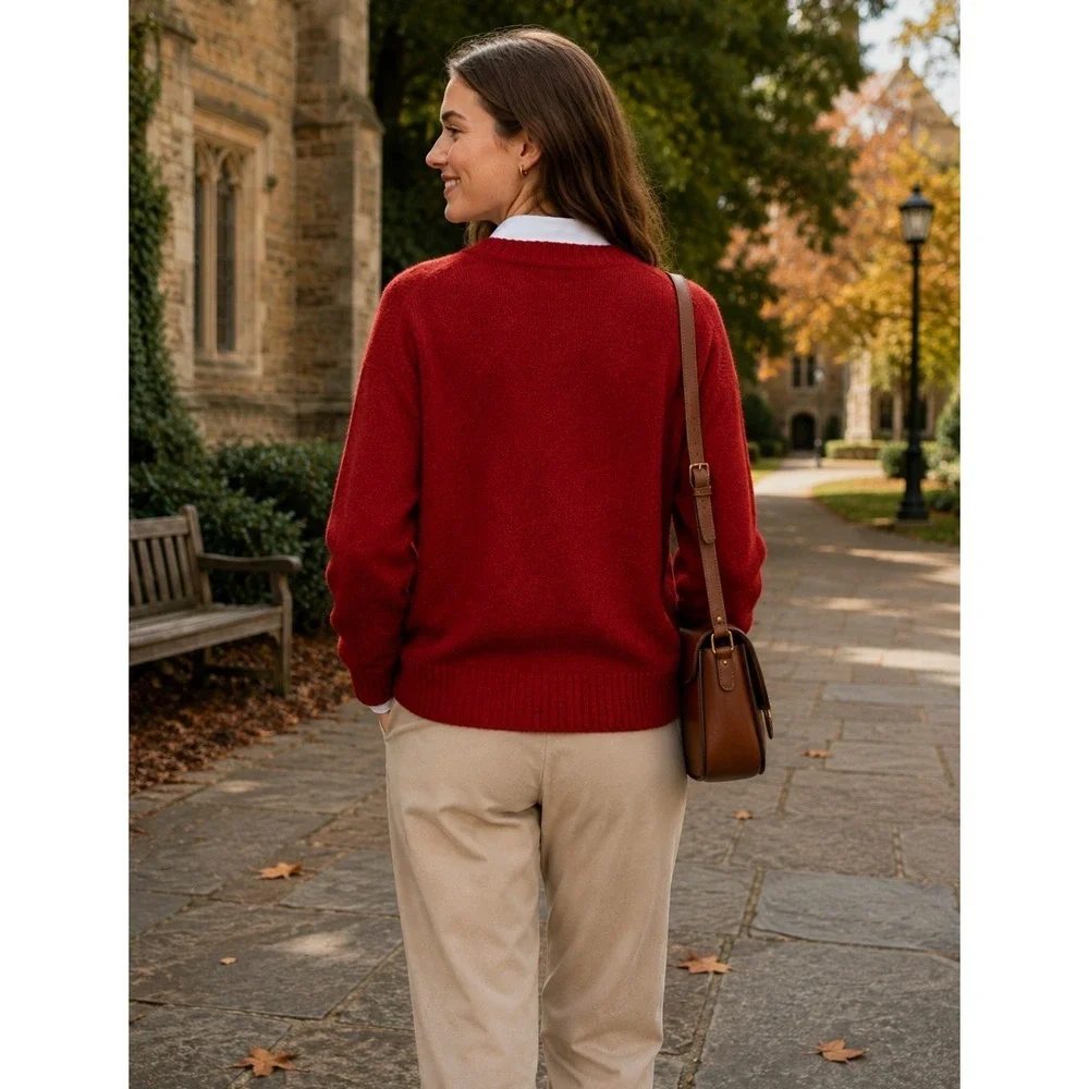 J. CREW Relaxed V Neck Pullover Sweater‎ Solid Red Merino Wool Alpaca Medium